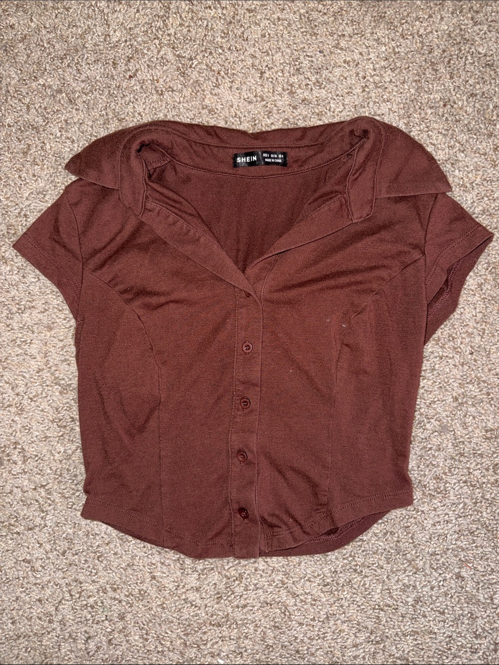 SHEIN Brown Short Sleeve Button-Down Collared Top